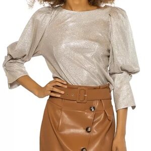 Bloomingdales Gracia Silver Sparkly Puff Sleeve Blouse Size Small